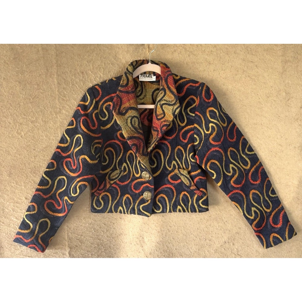 VTG Treadle Design Room Tapestry Crop Jacket Womens‎ Sz S Dark Blue Geometric